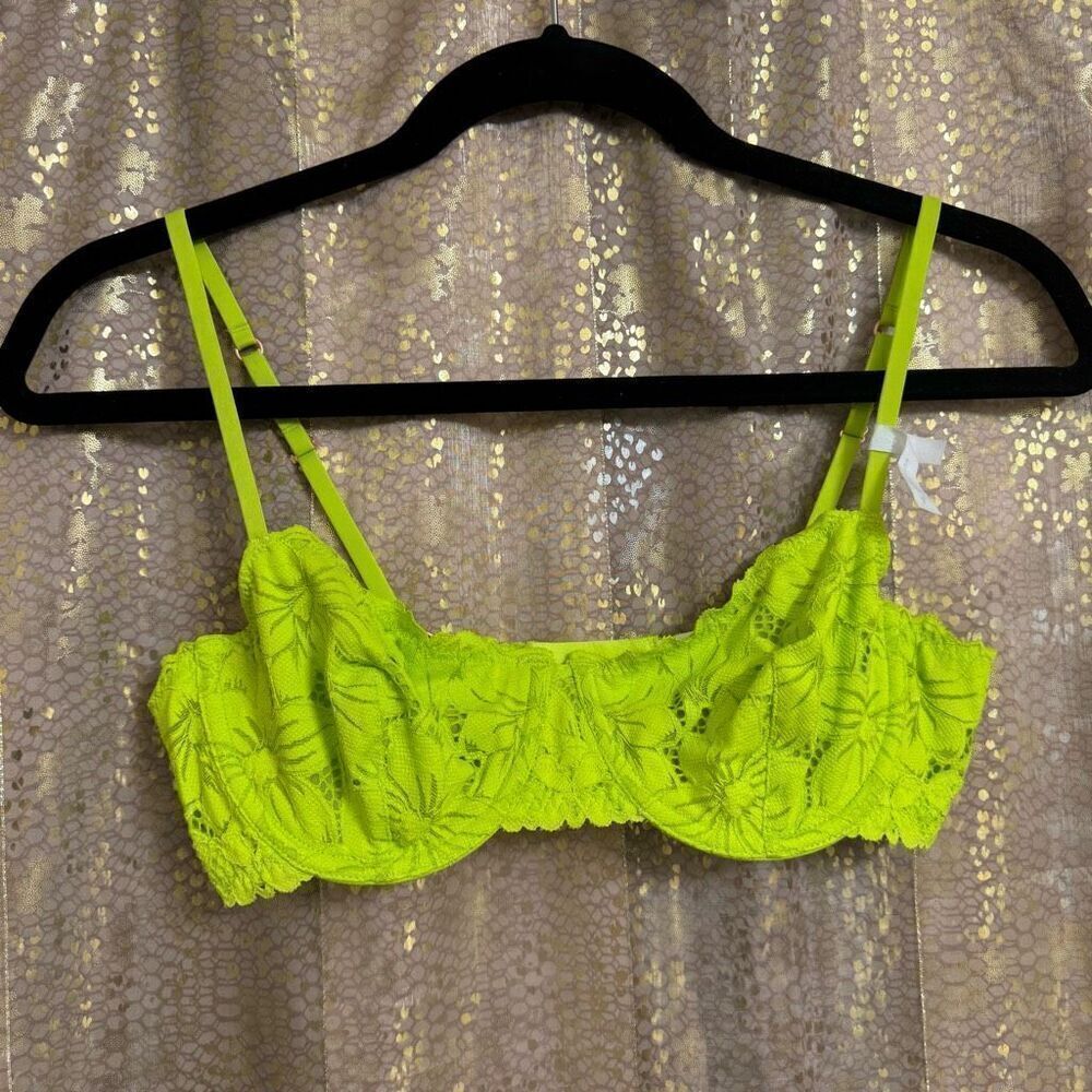 Aerie Real Power Beach Daze Lace Lime Green Unlined Balconette Bra 34C NWT